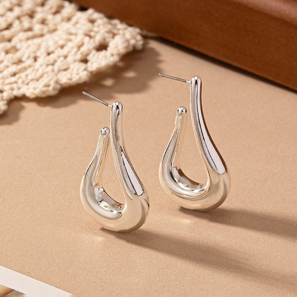 NEW 14K Plated Silver Organic Curved Chunky U-Shape Hoop Earrings